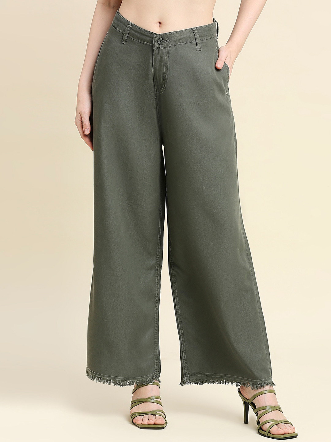 

HJ HASASI Women Wide Leg High-Rise Low Distress Stretchable Jeans, Green