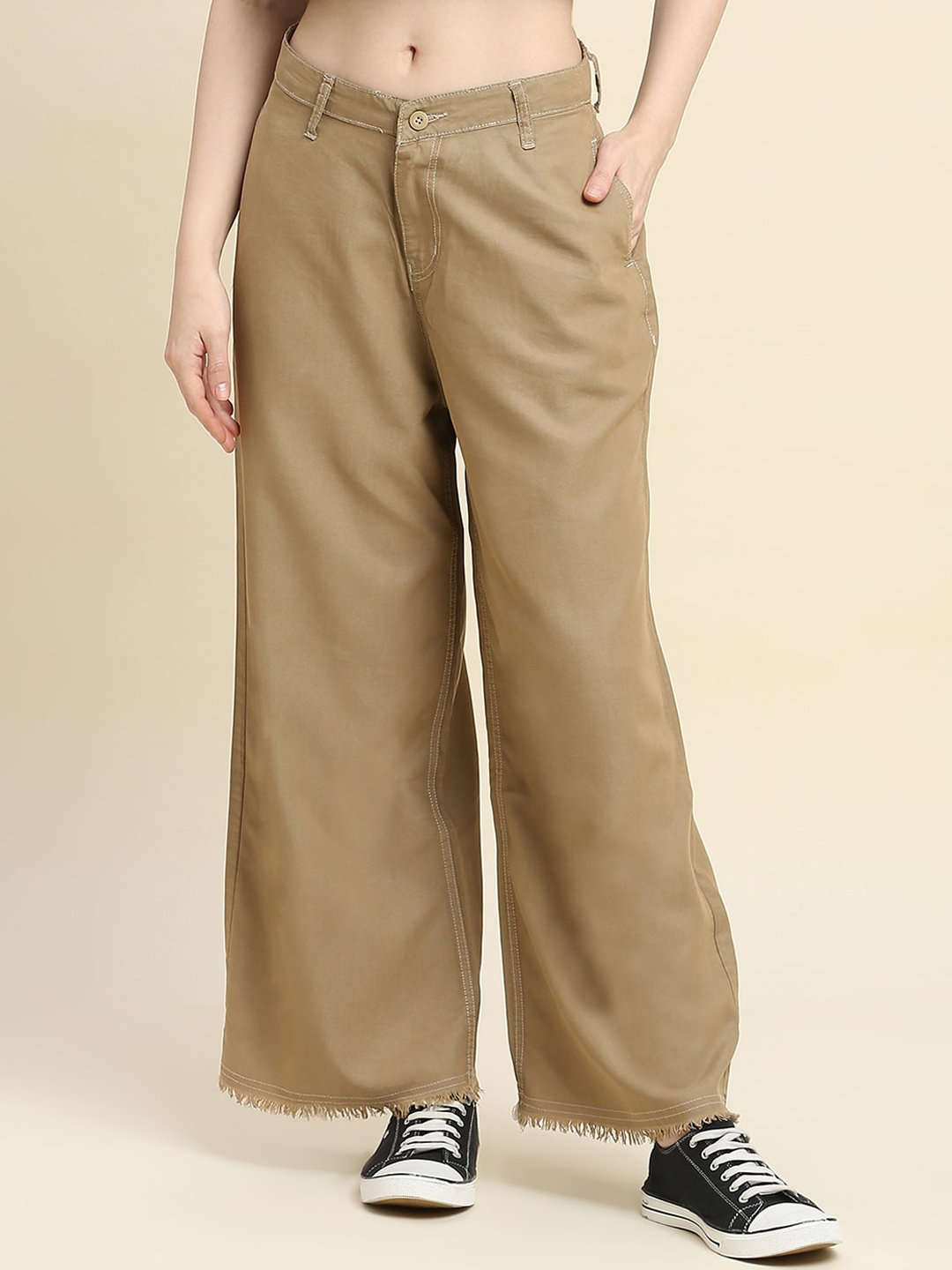 

HJ HASASI Women Wide Leg High-Rise Low Distress Stretchable Jeans, Brown