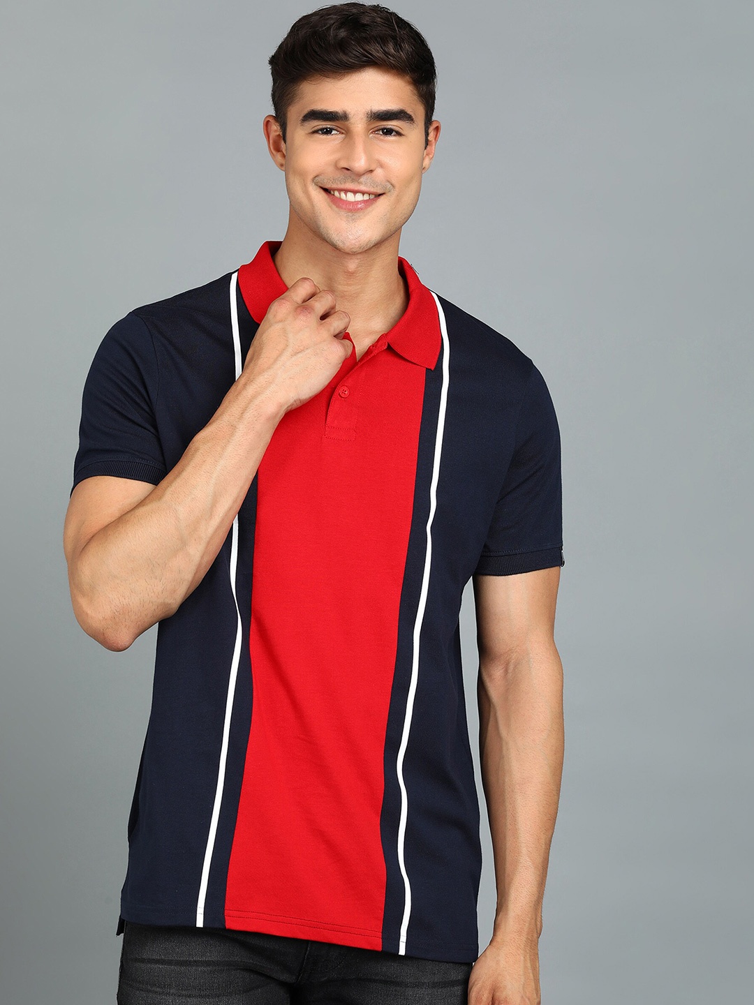 

Urbano Fashion Colourblocked Polo Collar Pure Cotton Slim Fit T-shirt, Navy blue