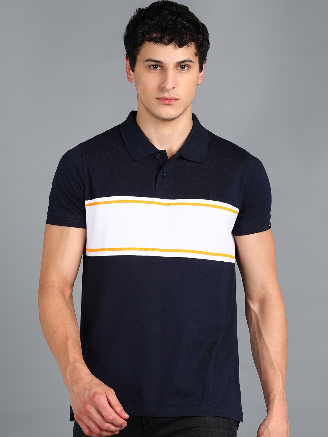 

Urbano Fashion Colourblocked Polo Collar Pure Cotton Slim Fit T-shirt, Navy blue