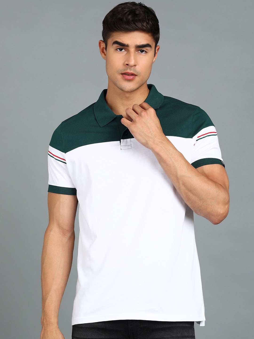 

Urbano Fashion Colourblocked Polo Collar Pure Cotton Slim Fit T-shirt, White