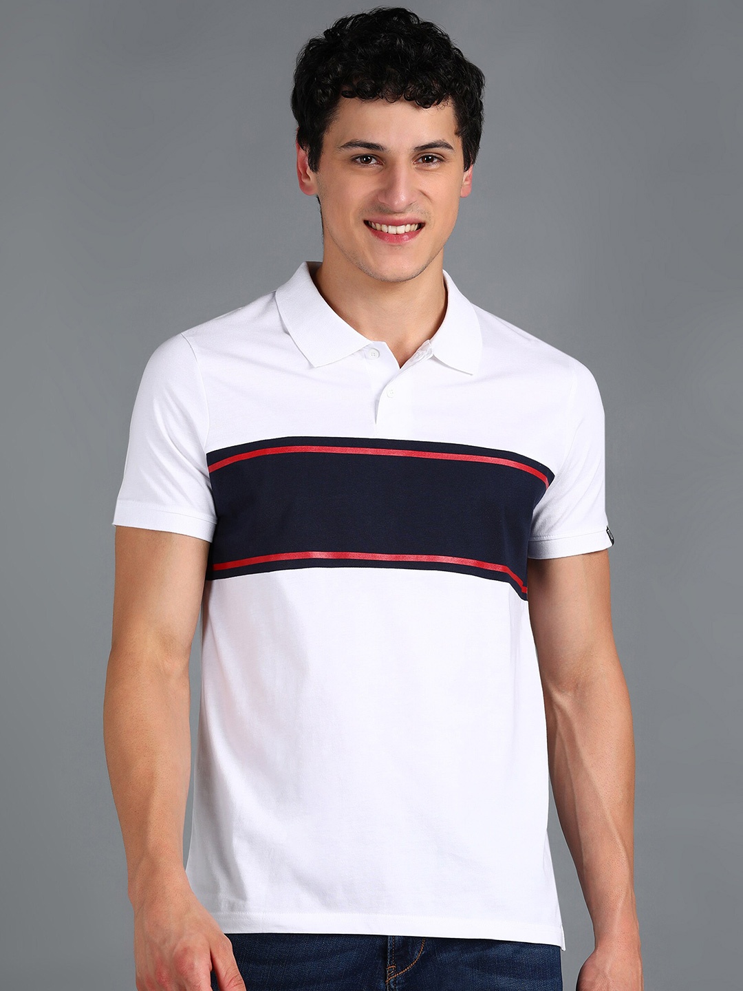 

Urbano Fashion Striped Polo Collar Pure Cotton Slim Fit T-shirt, White