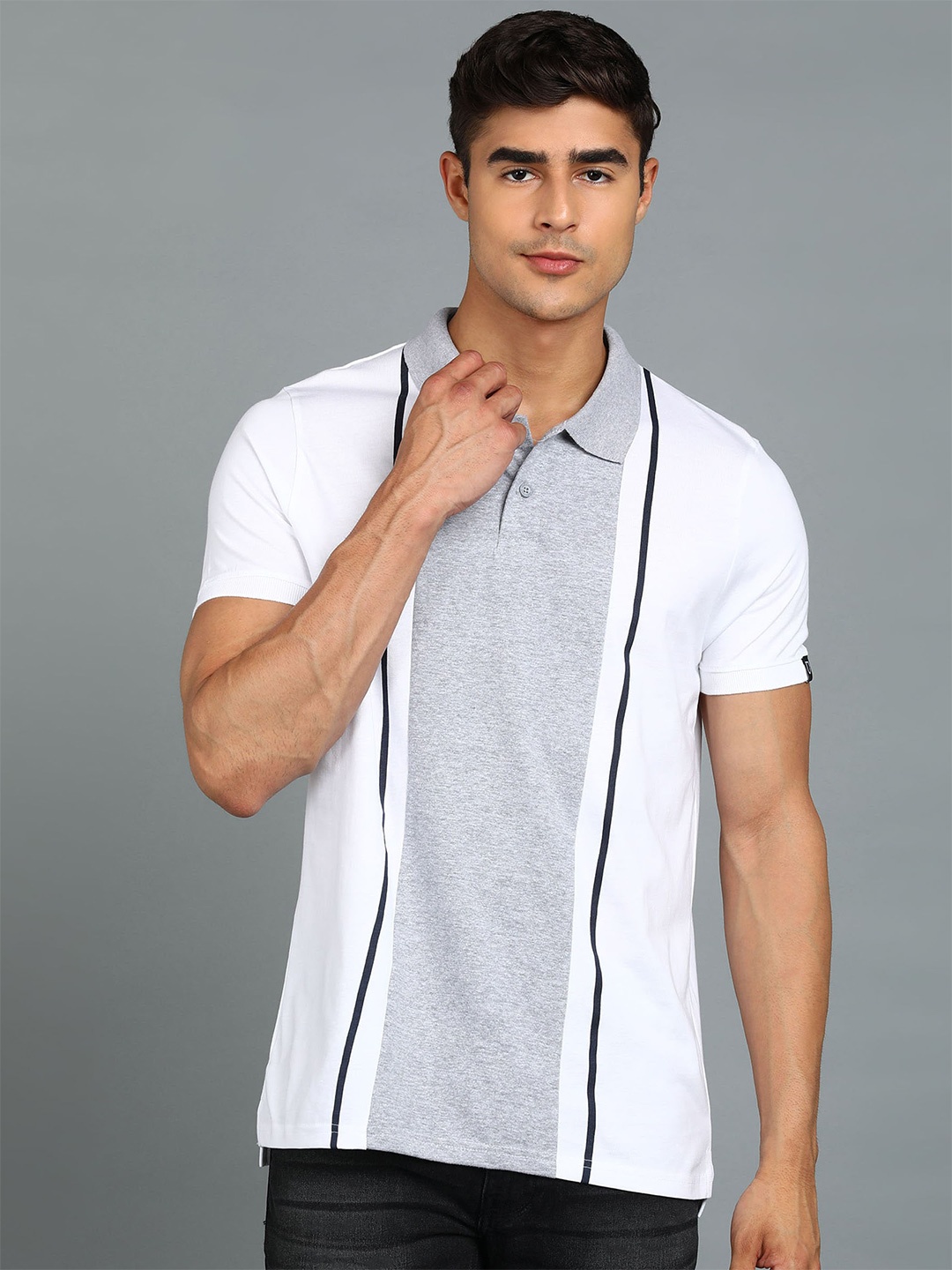 

Urbano Fashion Colourblocked Polo Collar Pure Cotton Slim Fit T-shirt, White