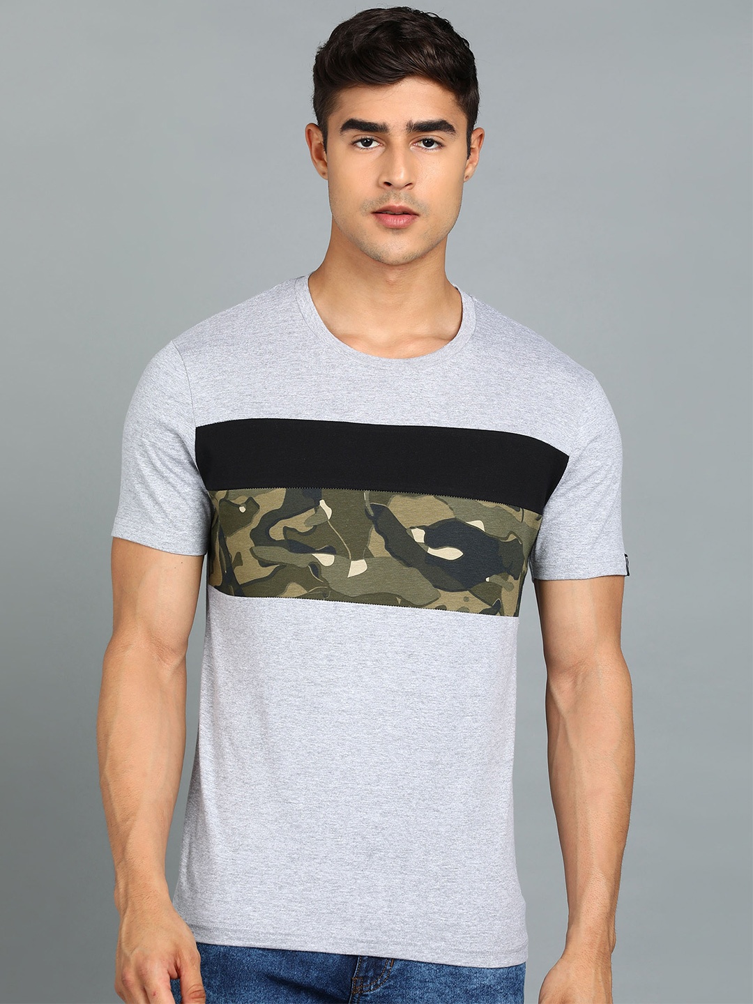 

Urbano Fashion Camouflage Printed Pure Cotton Slim Fit T-shirt, Grey