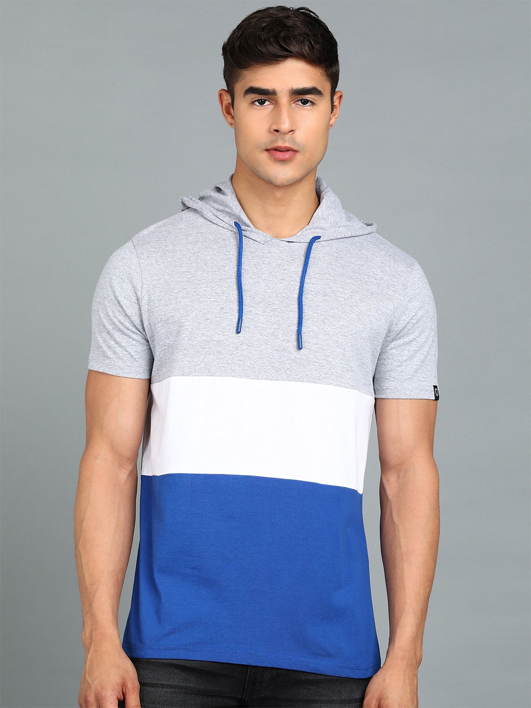

Urbano Fashion Colourblocked Hooded Pure Cotton Slim Fit T-shirt, Grey