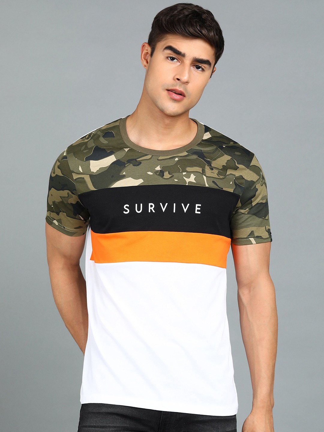 

Urbano Fashion Camouflage Printed Pure Cotton Slim Fit T-shirt, White