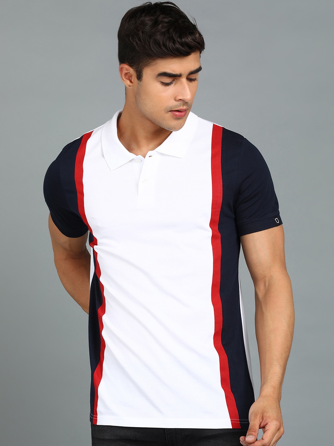

Urbano Fashion Colourblocked Polo Collar Pure Cotton Slim Fit T-shirt, White