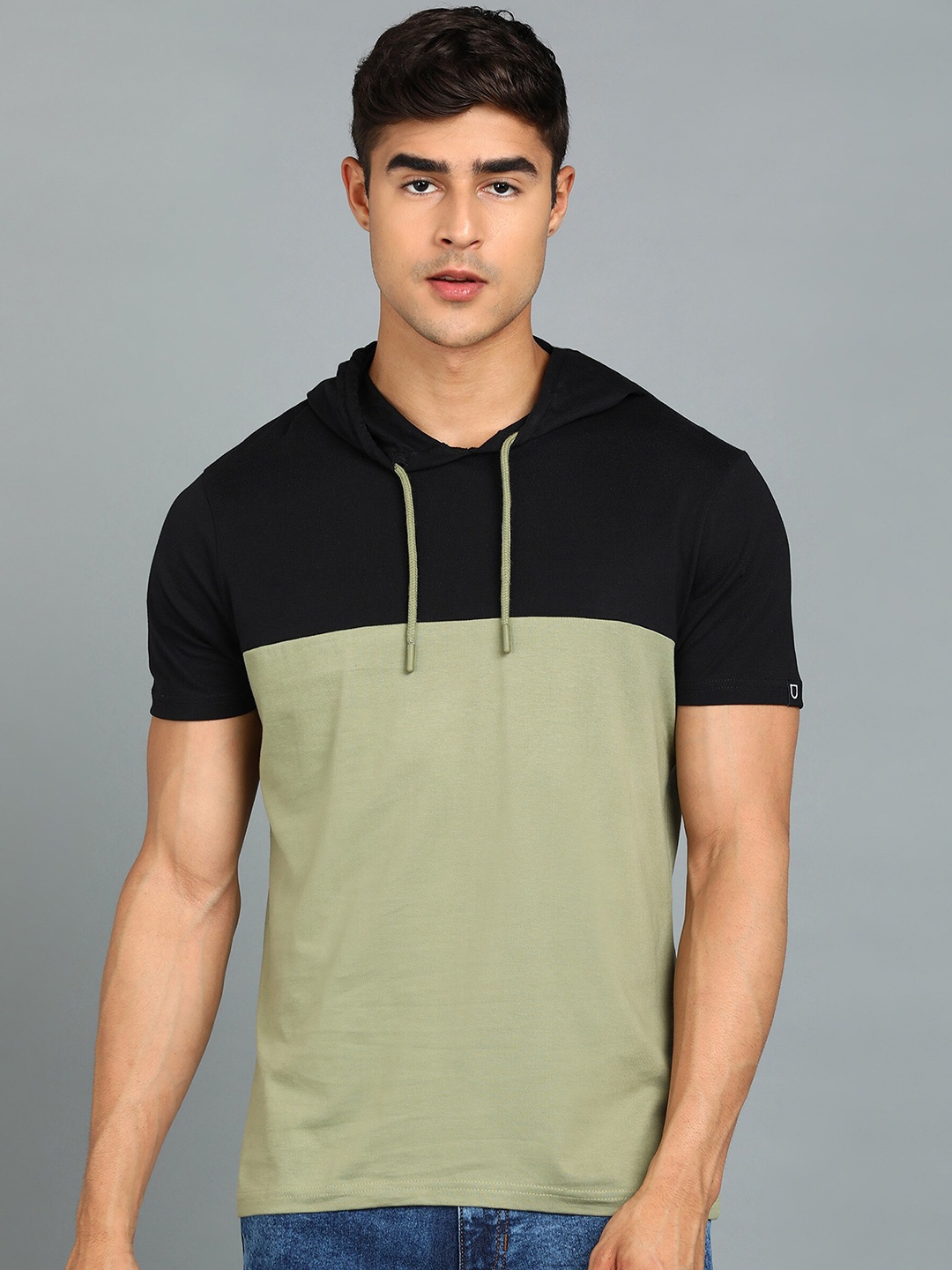 

Urbano Fashion Colourblocked Hooded Pure Cotton Slim Fit T-shirt, Black