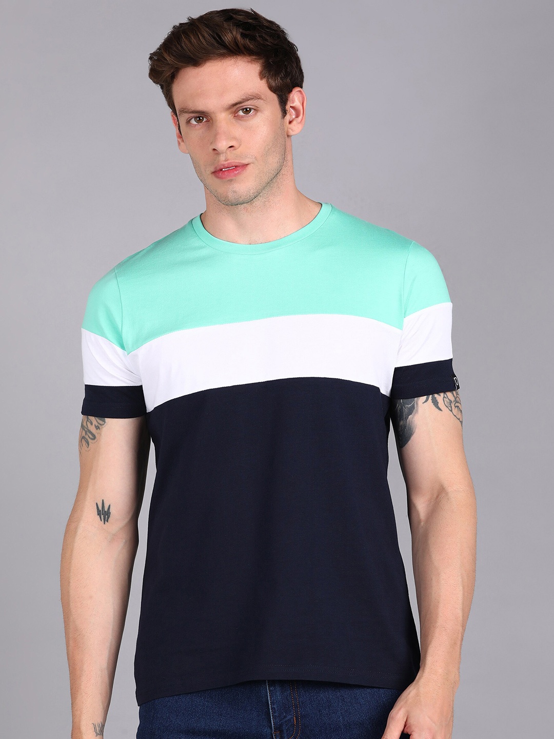 

Urbano Fashion Colourblocked Pure Cotton Slim Fit T-shirt, Navy blue