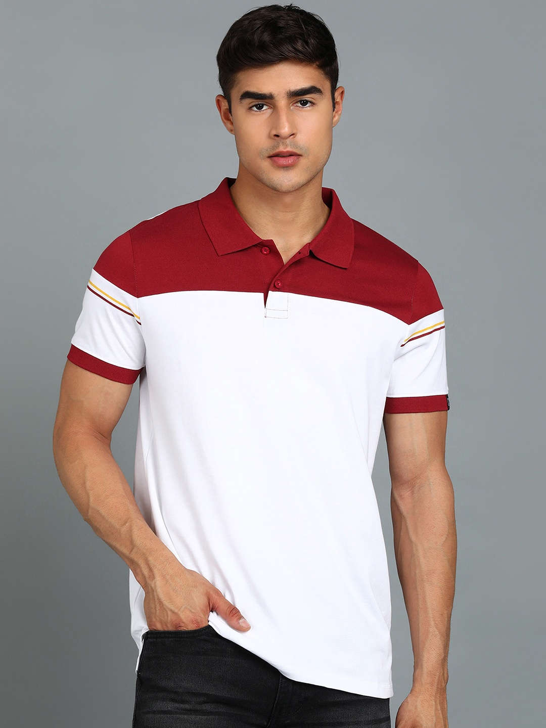 

Urbano Fashion Colourblocked Polo Collar Pure Cotton Slim Fit T-shirt, White