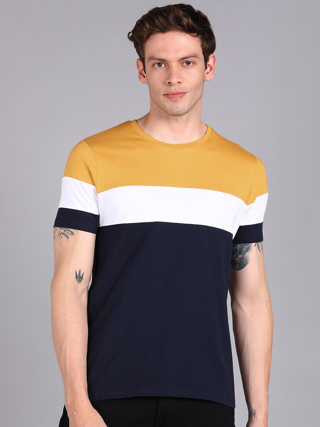 

Urbano Fashion Colourblocked Pure Cotton Slim Fit T-shirt, Navy blue