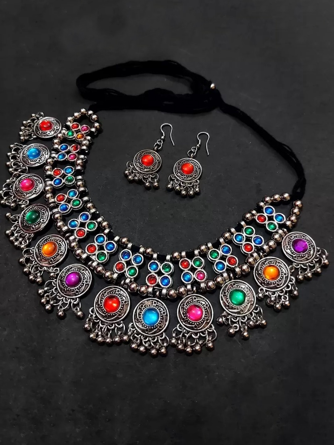 

Samridhi DC Silver-Plated Stone-Studded & Beaded Afghan Jewellery Set