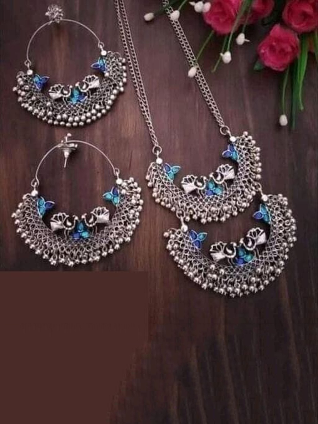 

Samridhi DC Silver-Plated Oxidised Stone Studded Jewellery Set