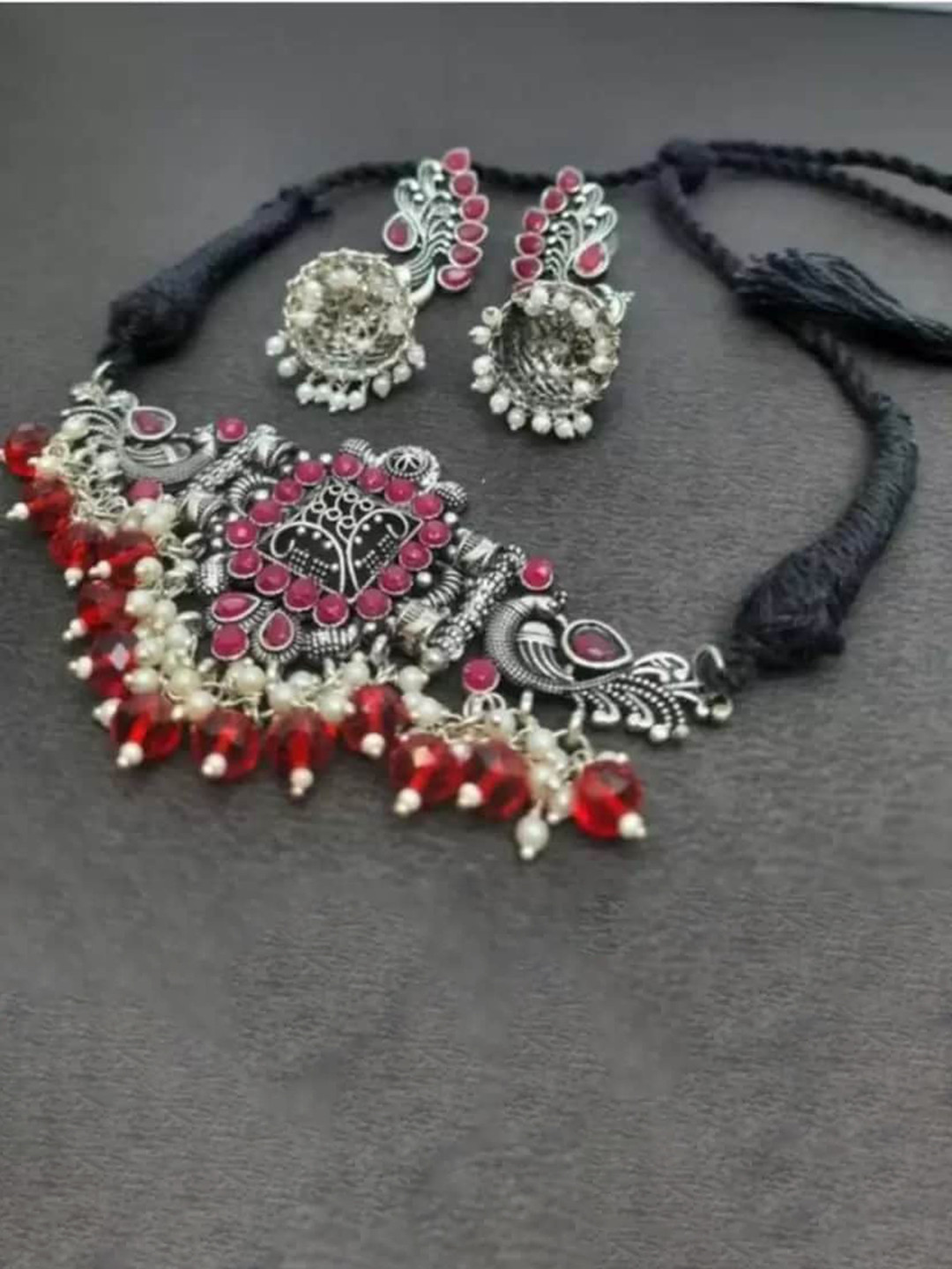

Samridhi DC Silver-Plated Stone-Studded & Beaded Afghan Jewellery Set