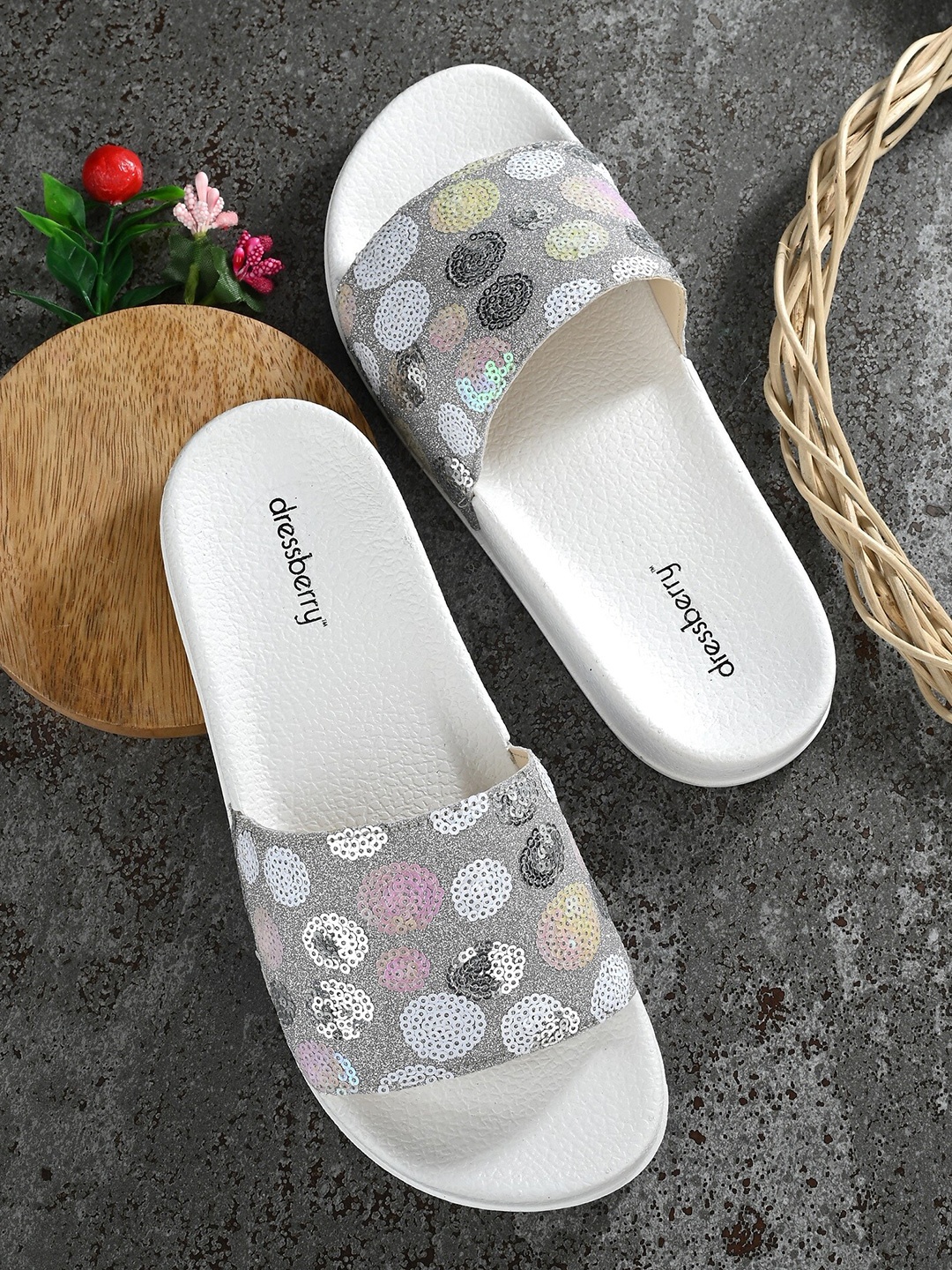 

DressBerry Women White And Silver-Toned Embellished Sliders