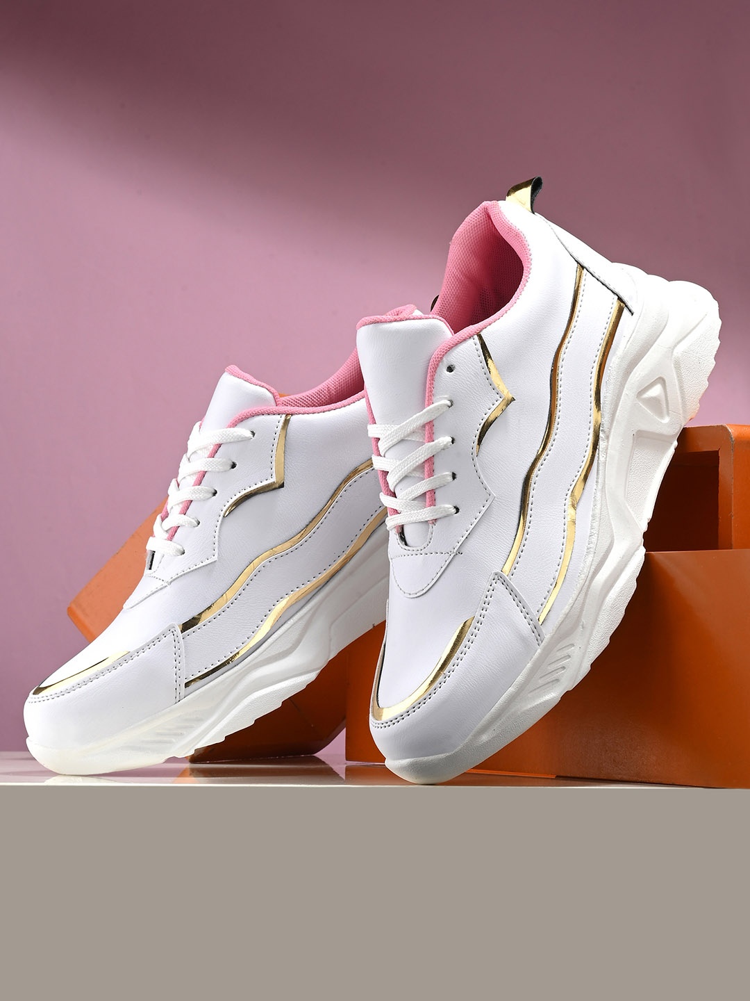 

DressBerry Women White And Gold-Toned Lightweight Sneakers