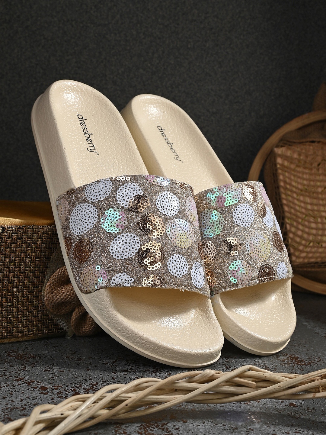 

DressBerry Women Beige And White Embellished Sliders