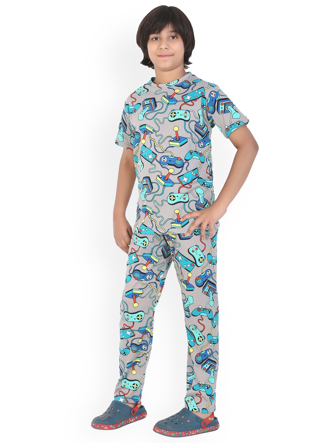 

Ninos Dreams Boys Conversational Printed Pure Cotton Night Suit, Grey