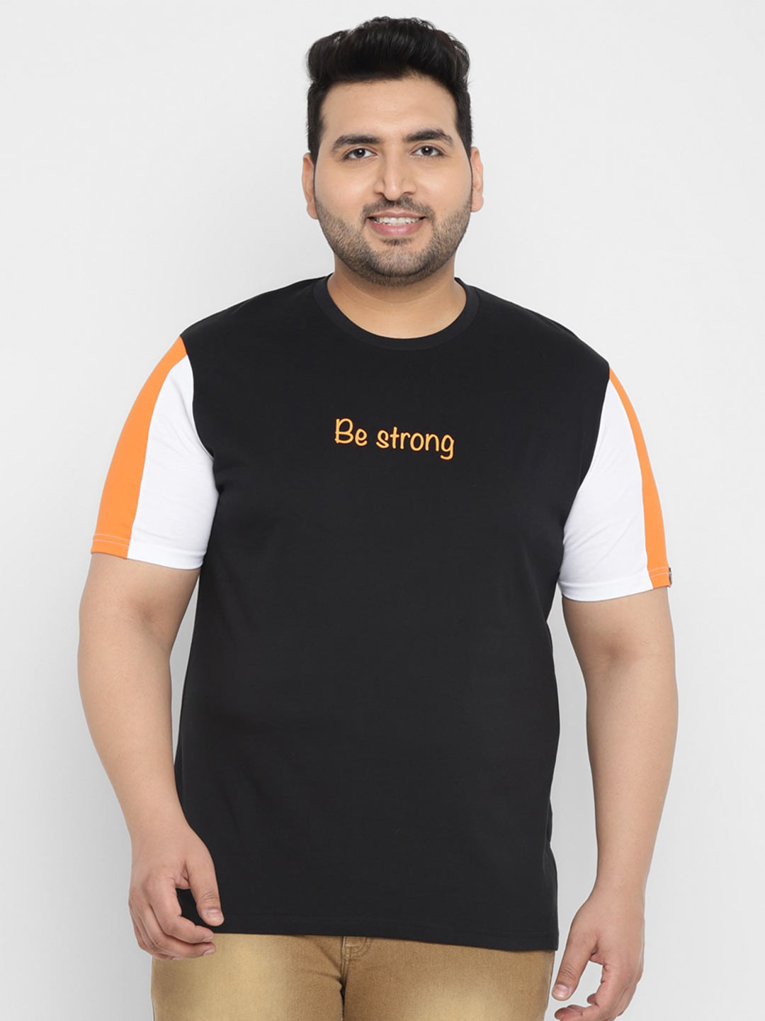 

Urbano Plus Round Neck Colourblocked Pure Cotton T-shirt, Black