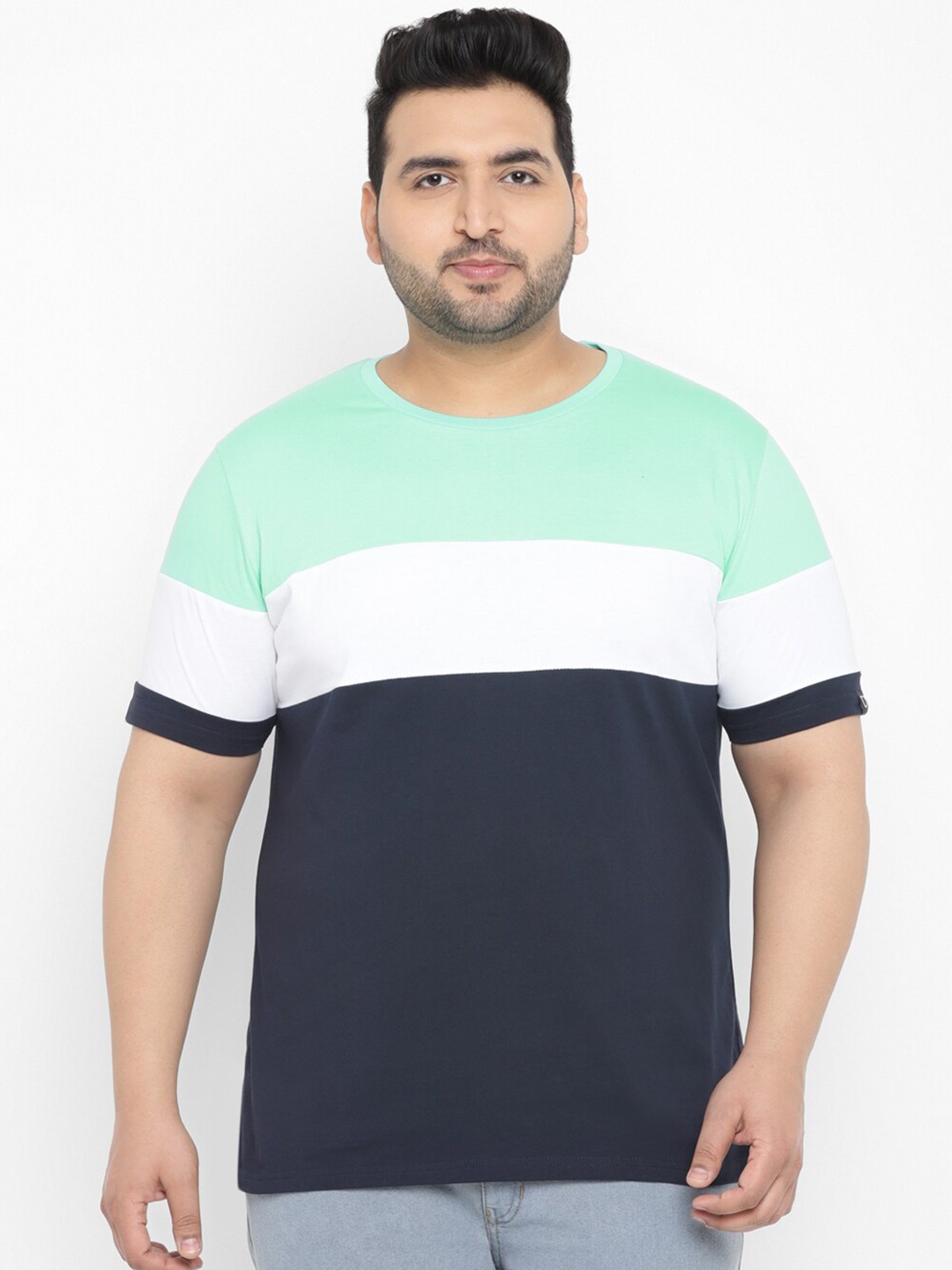 

Urbano Plus Round Neck Colourblocked Pure Cotton T-shirt, Blue