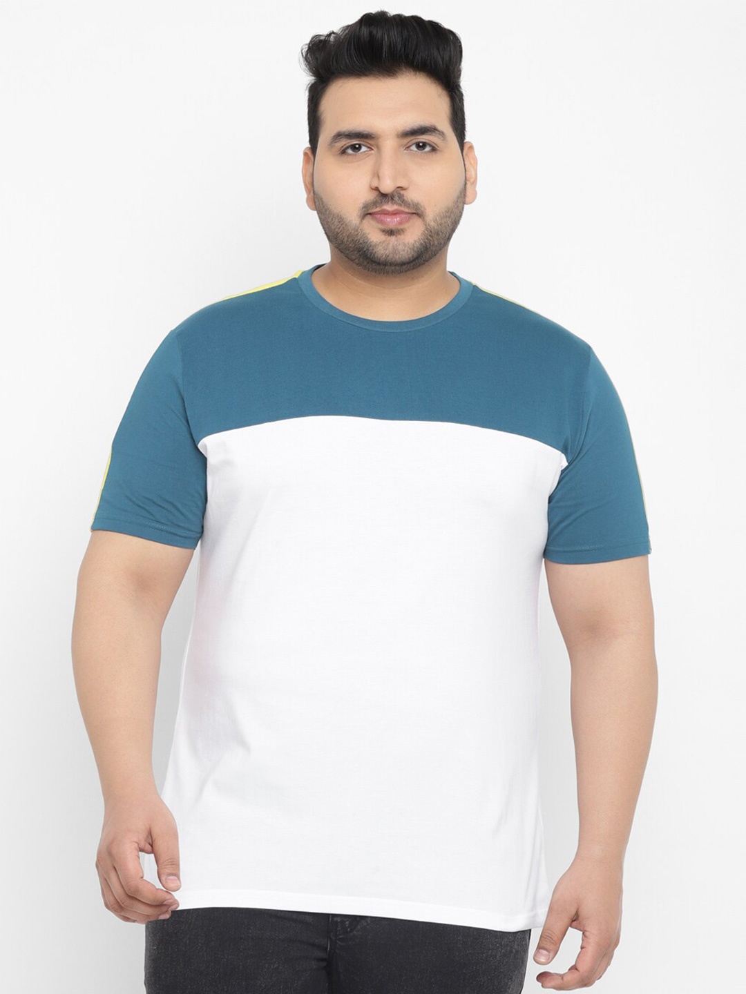 

Urbano Plus Round Neck Colourblocked Pure Cotton T-shirt, Blue