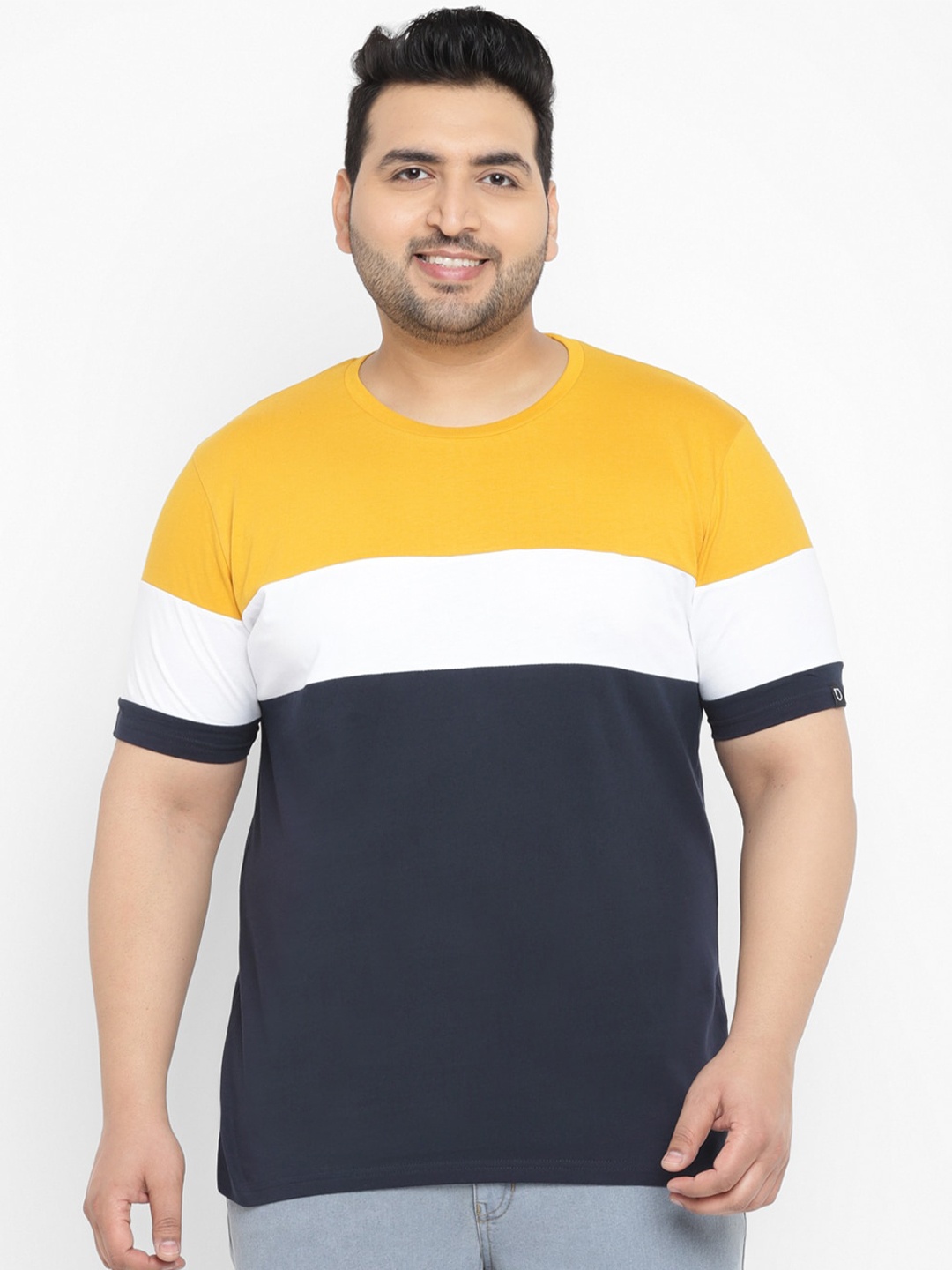 

Urbano Plus Round Neck Colourblocked Pure Cotton T-shirt, Blue