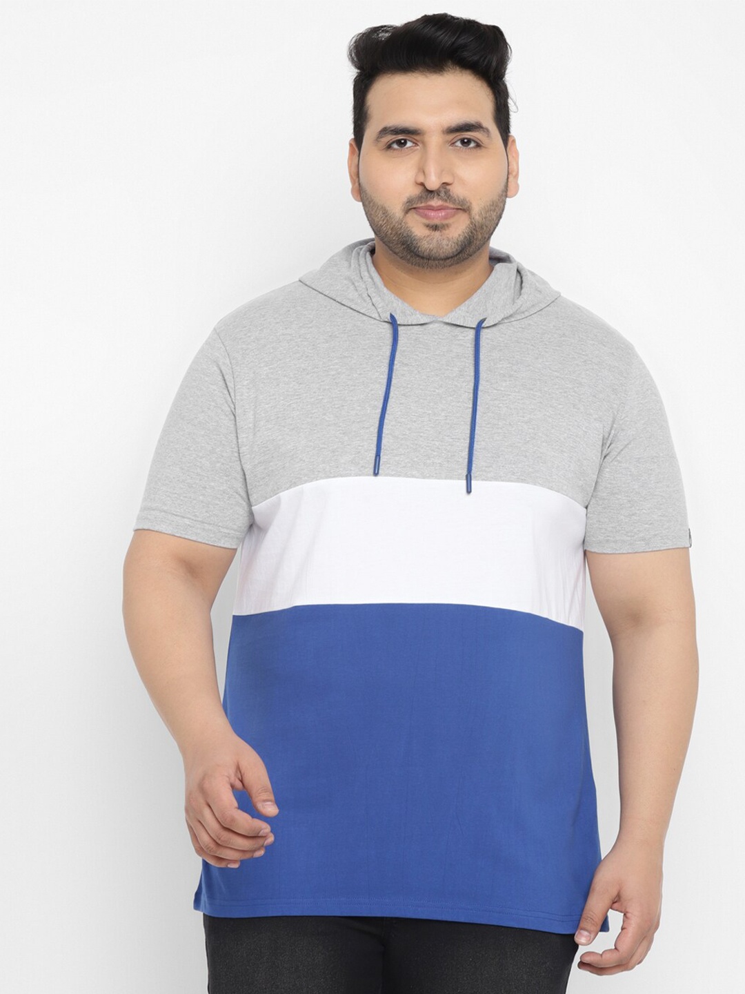 

Urbano Plus Round Neck Colourblocked Hooded Pure Cotton T-shirt, Grey