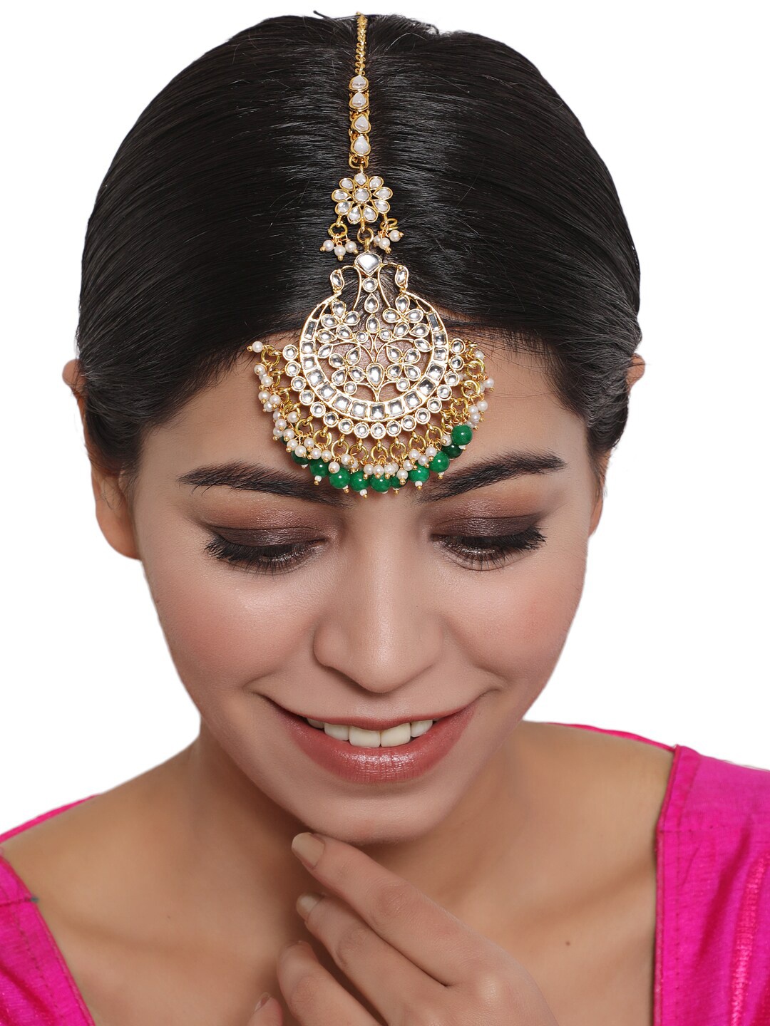 

Anouk Green & White Gold-Plated Kundan-Studded & Beaded Maang Tikka