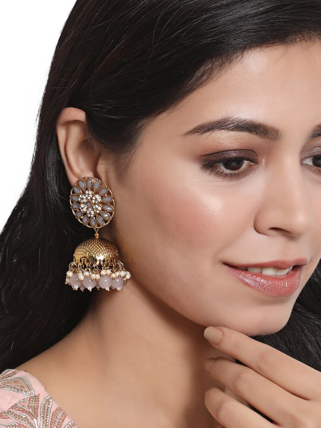 

Anouk Gold Plated Dome Shaped Kundan Studded & Beaded Jhumkas