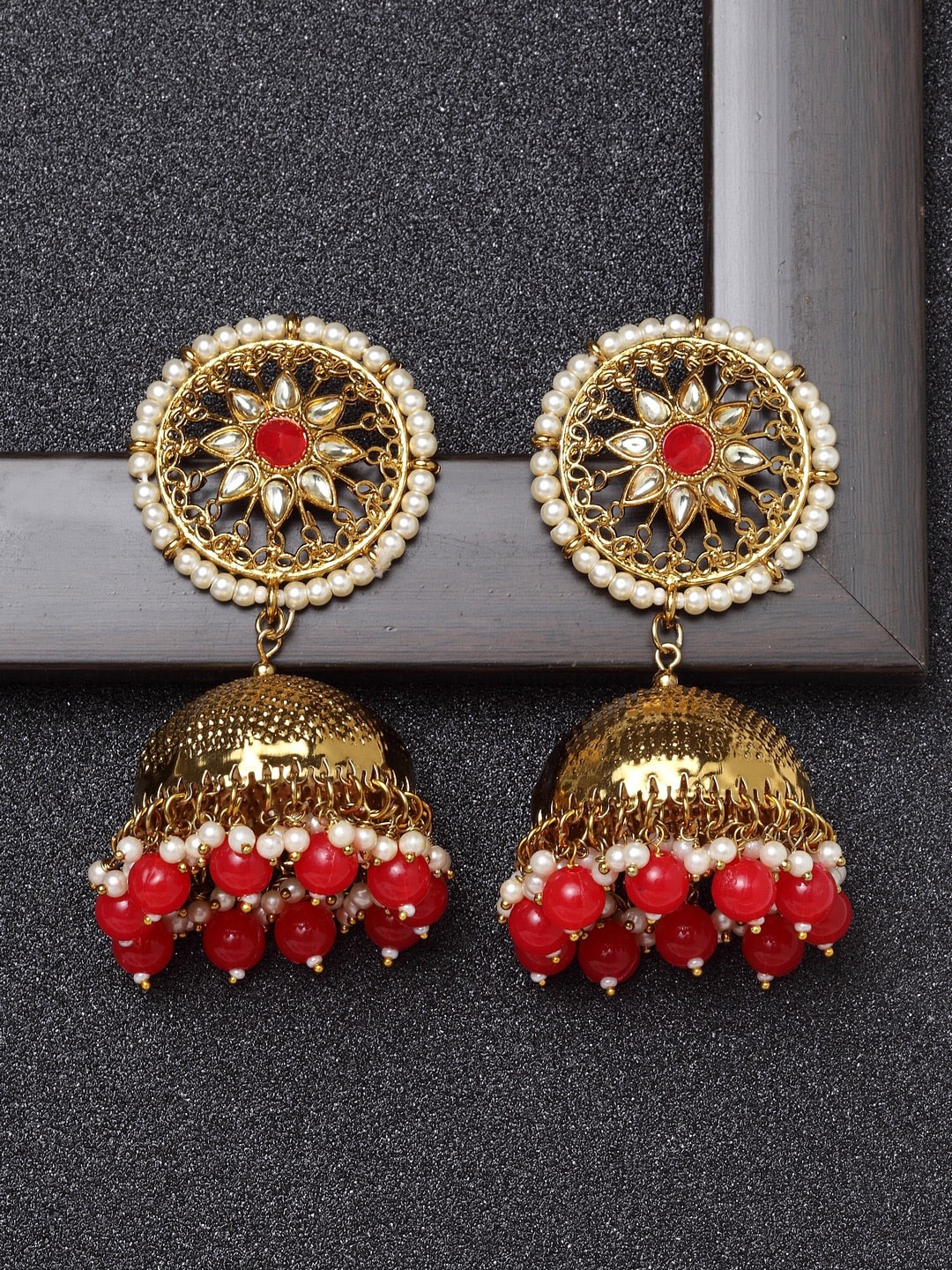 

Ibtida Gold-Plated Stone-Studded And Beaded Dome Shaped Jhumkas