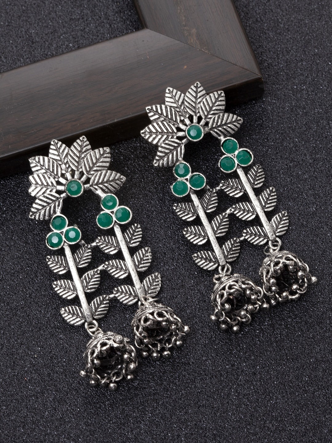 

Ibtida Rhodium-Plated Leaf Shaped Oxidised Jhumkas, Silver