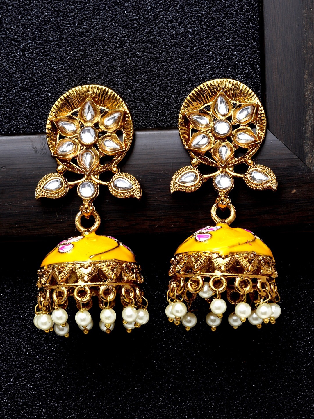 

Ibtida Gold-Plated Stone-Studded And Beaded Dome Shaped Jhumkas