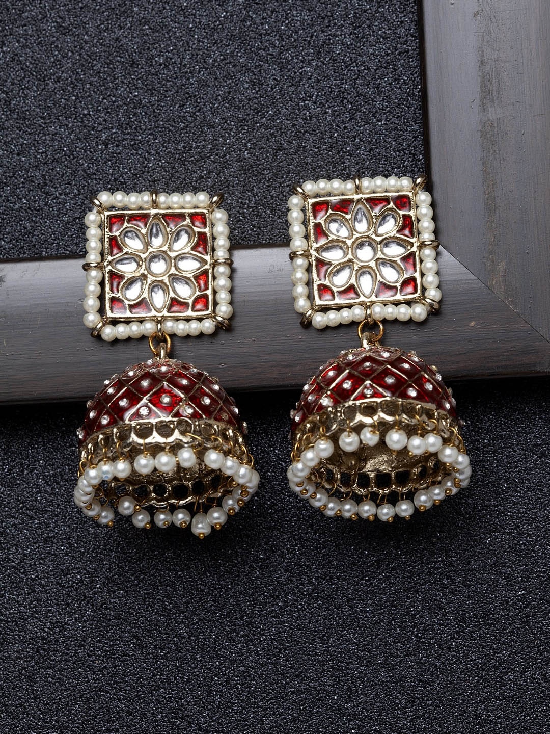 

Ibtida Gold-Plated Stone-Studded And Beaded Dome Shaped Jhumkas