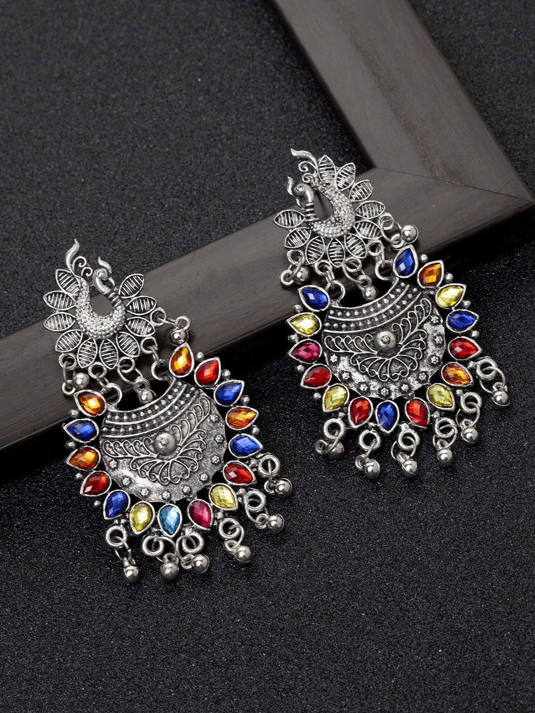 

Ibtida Rhodium-Plated Stone-Studded And Beaded Oxidised Drop Earrings, Silver