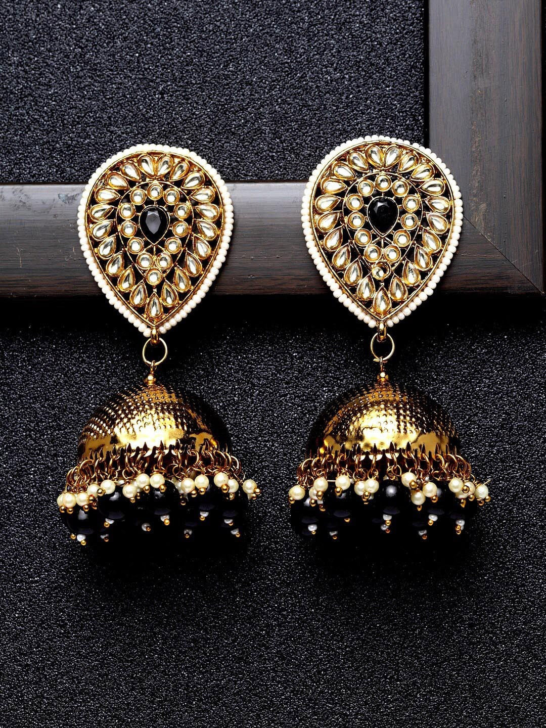 

Ibtida Gold-Plated Stone-Studded And Beaded Dome Shaped Jhumkas