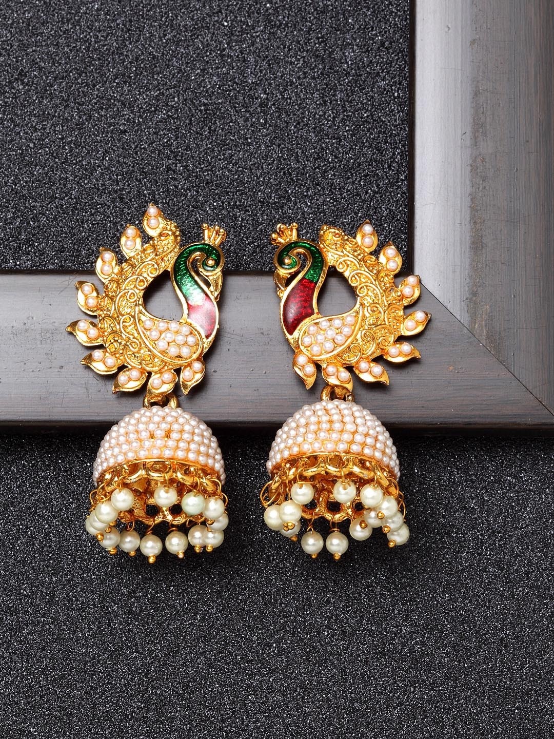 

Ibtida Gold-Plated Peacock Shaped Jhumkas Earrings