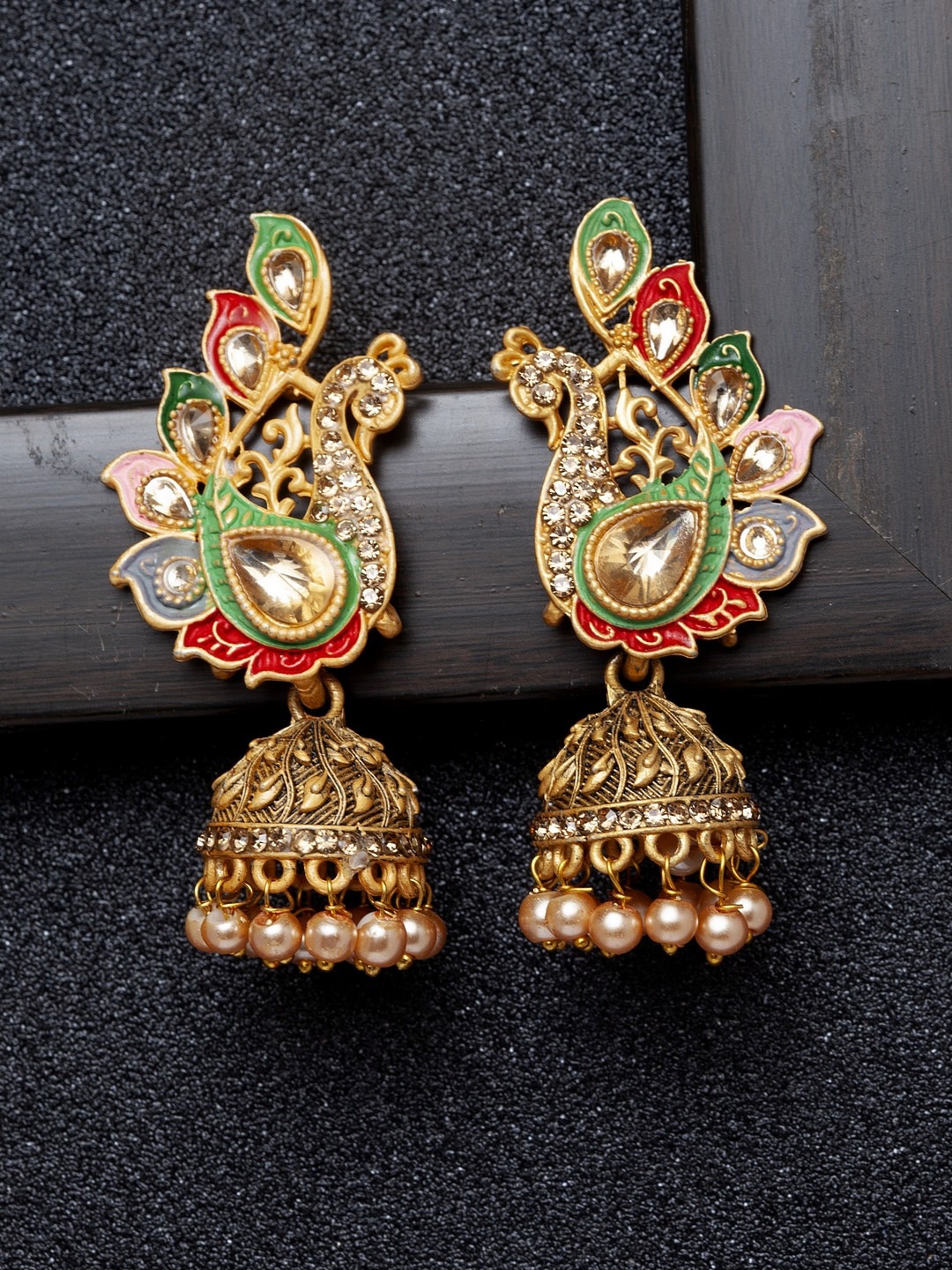 

Ibtida Gold-Plated Peacock Shaped Jhumkas Earrings