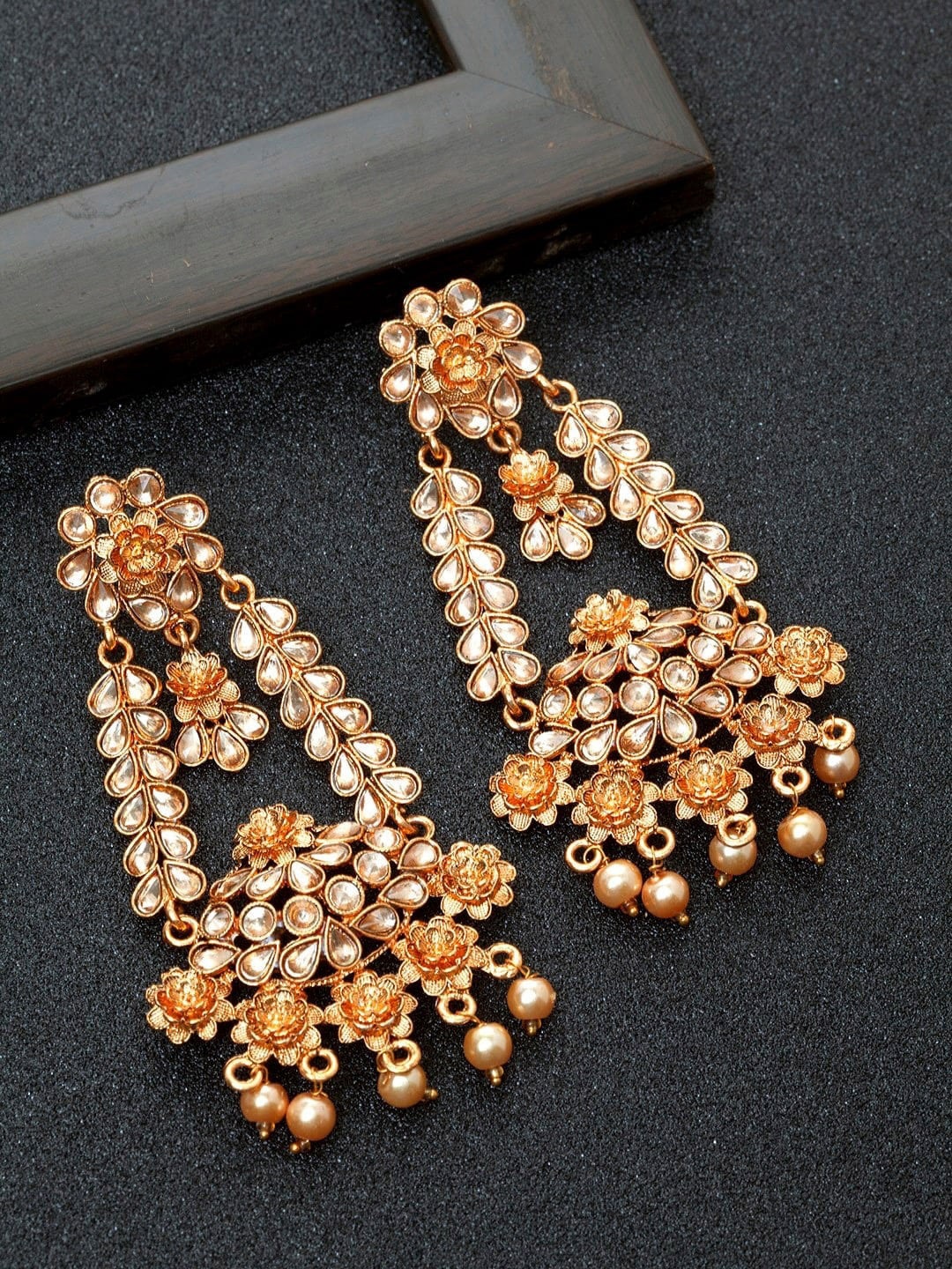 

Ibtida Gold-Plated Contemporary Crystal Studded Drop Earrings