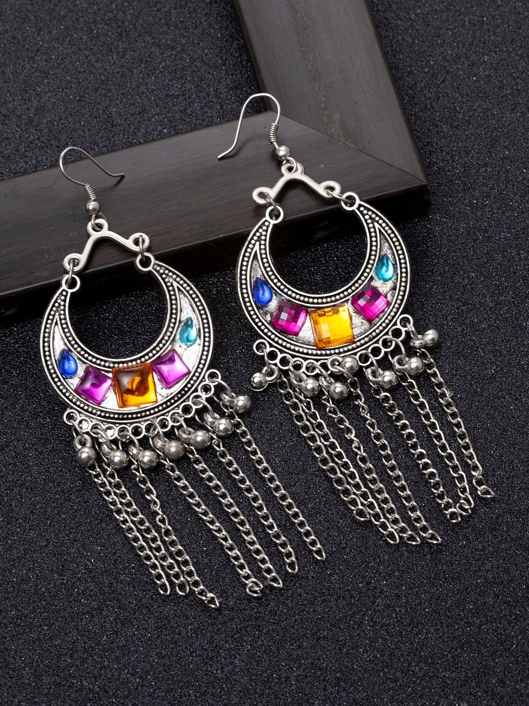 

Ibtida Rhodium-Plated Stone-Studded And Beaded Oxidised Drop Earrings, Silver