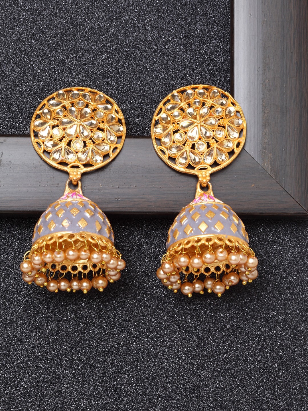 

Ibtida Gold-Plated Stone-Studded And Beaded Dome Shaped Jhumkas