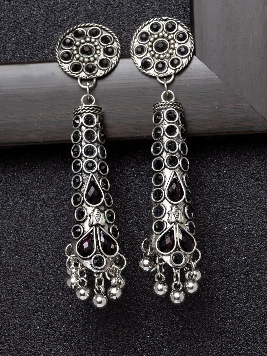 

Ibtida Rhodium-Plated Teardrop Shaped Oxidised Drop Earrings, Silver