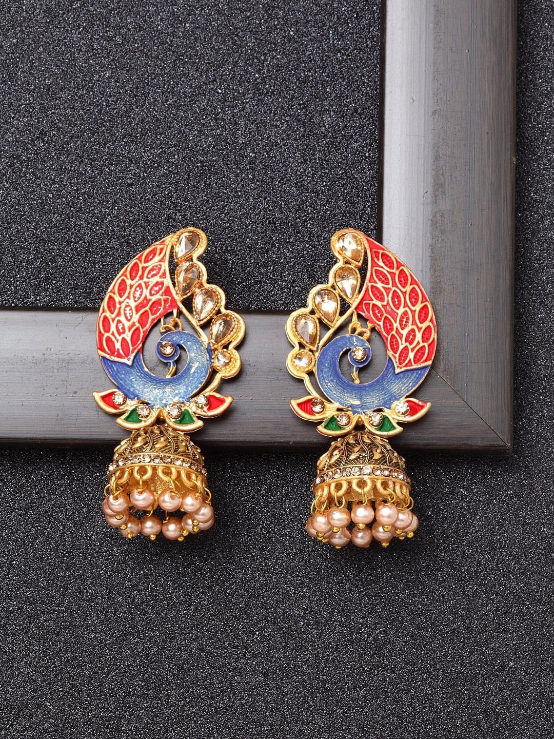 

Ibtida Gold-Plated Stone-Studded And Beaded Dome Shaped Jhumkas
