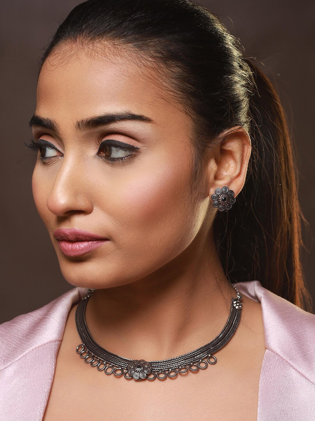 

Sangria Black Silver-Plated Oxidised Stone-Studded Floral Jewellery Set
