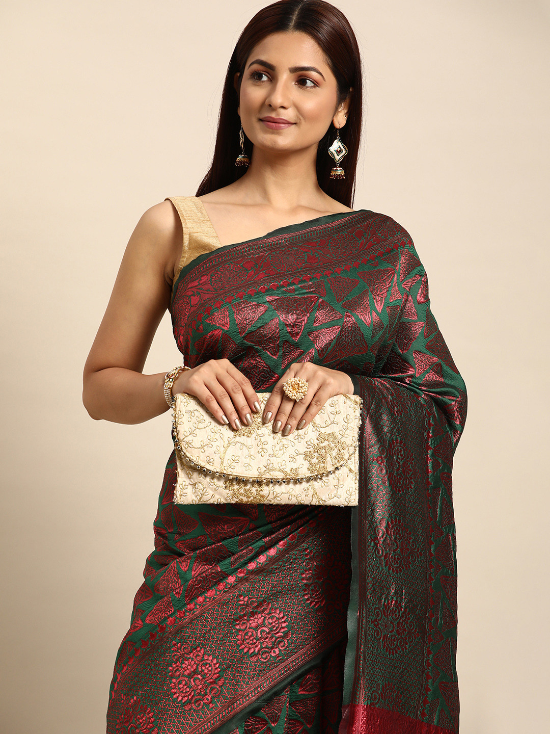 

Pothys Woven Design Zari Jute Silk Saree, Green