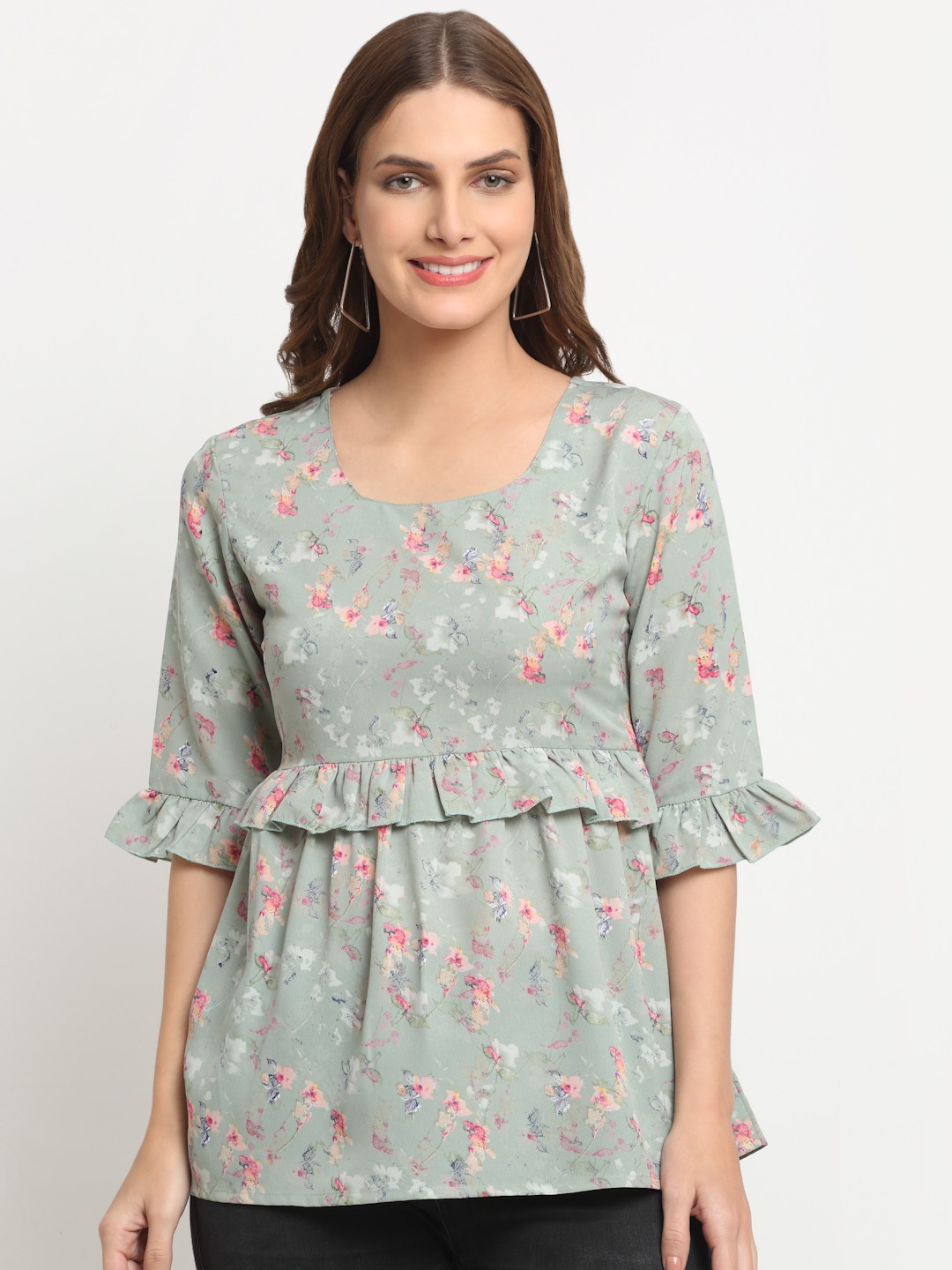 

KALINI Floral Printed Bell Sleeves Gathered Longline A-Line Top, Sea green