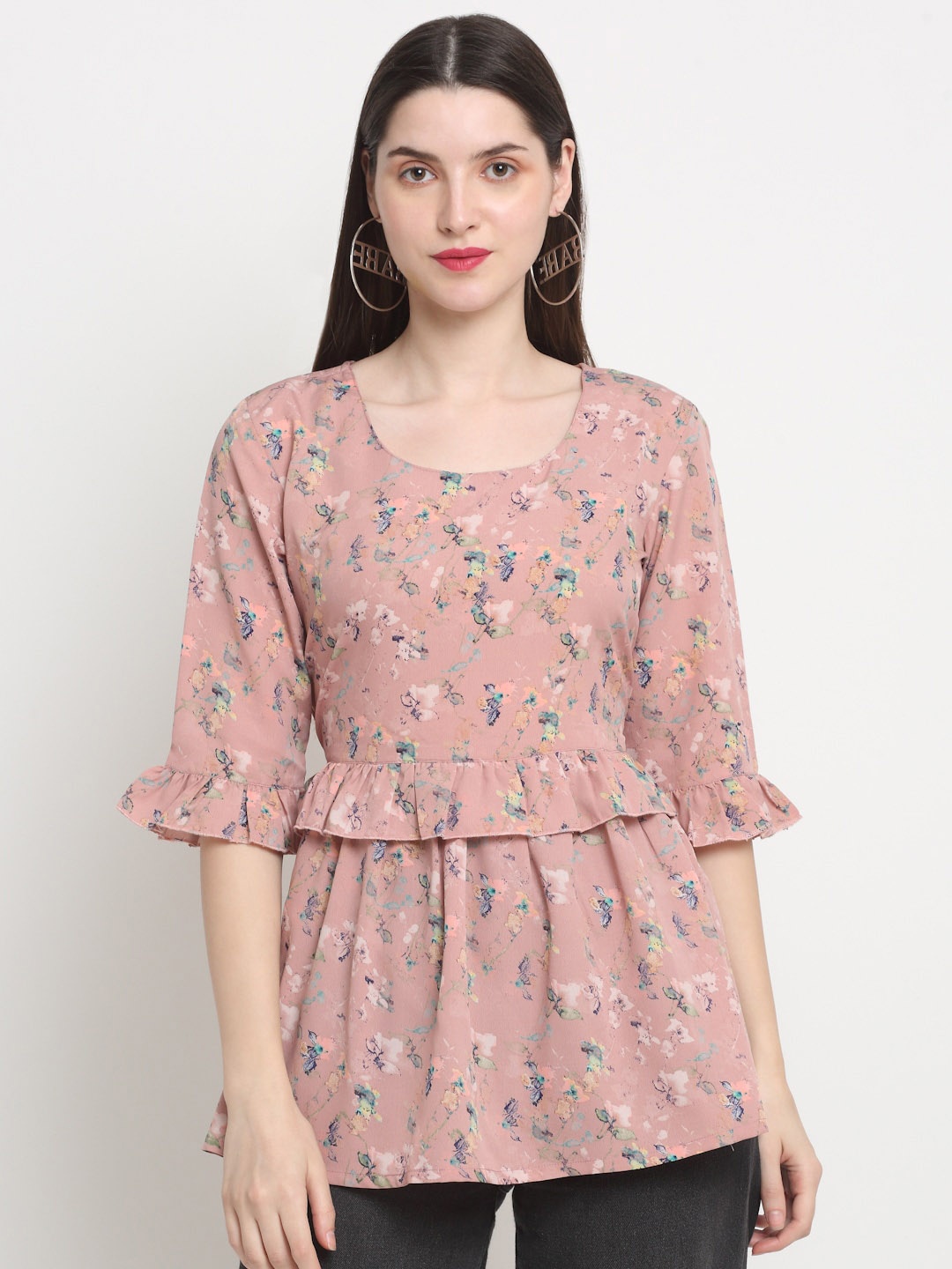 

KALINI Floral Printed Bell Sleeves Gathered Longline A-Line Top, Peach