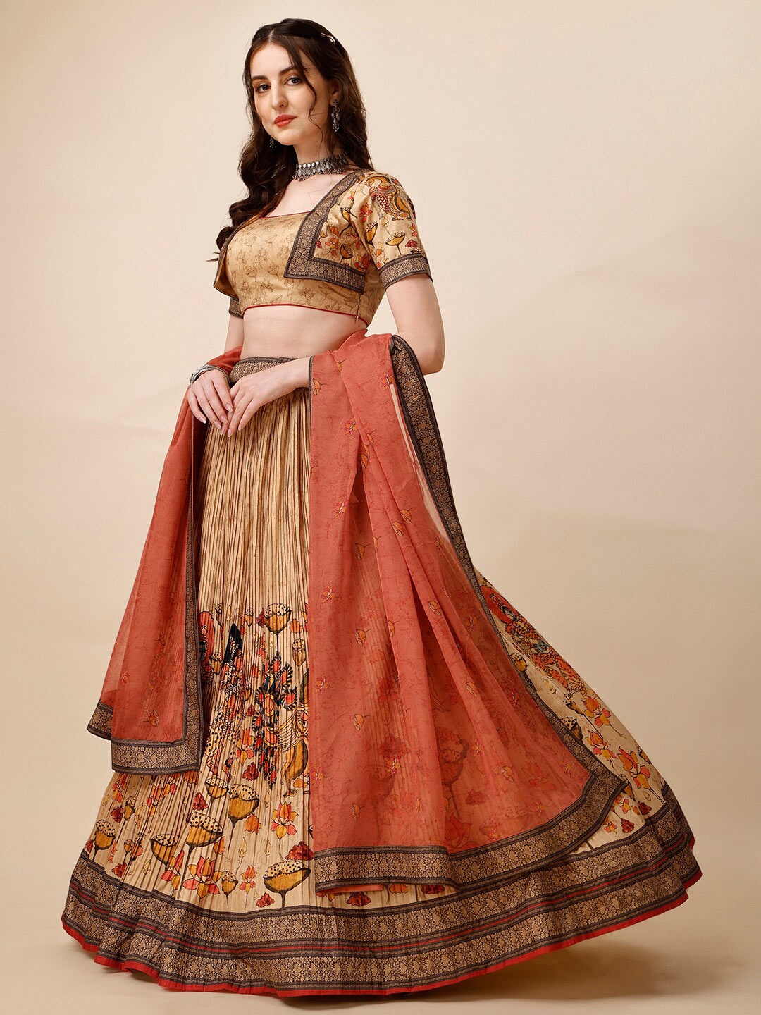 

SAPTRANGI Printed Ready to Wear Lehenga & Blouse With Dupatta, Brown