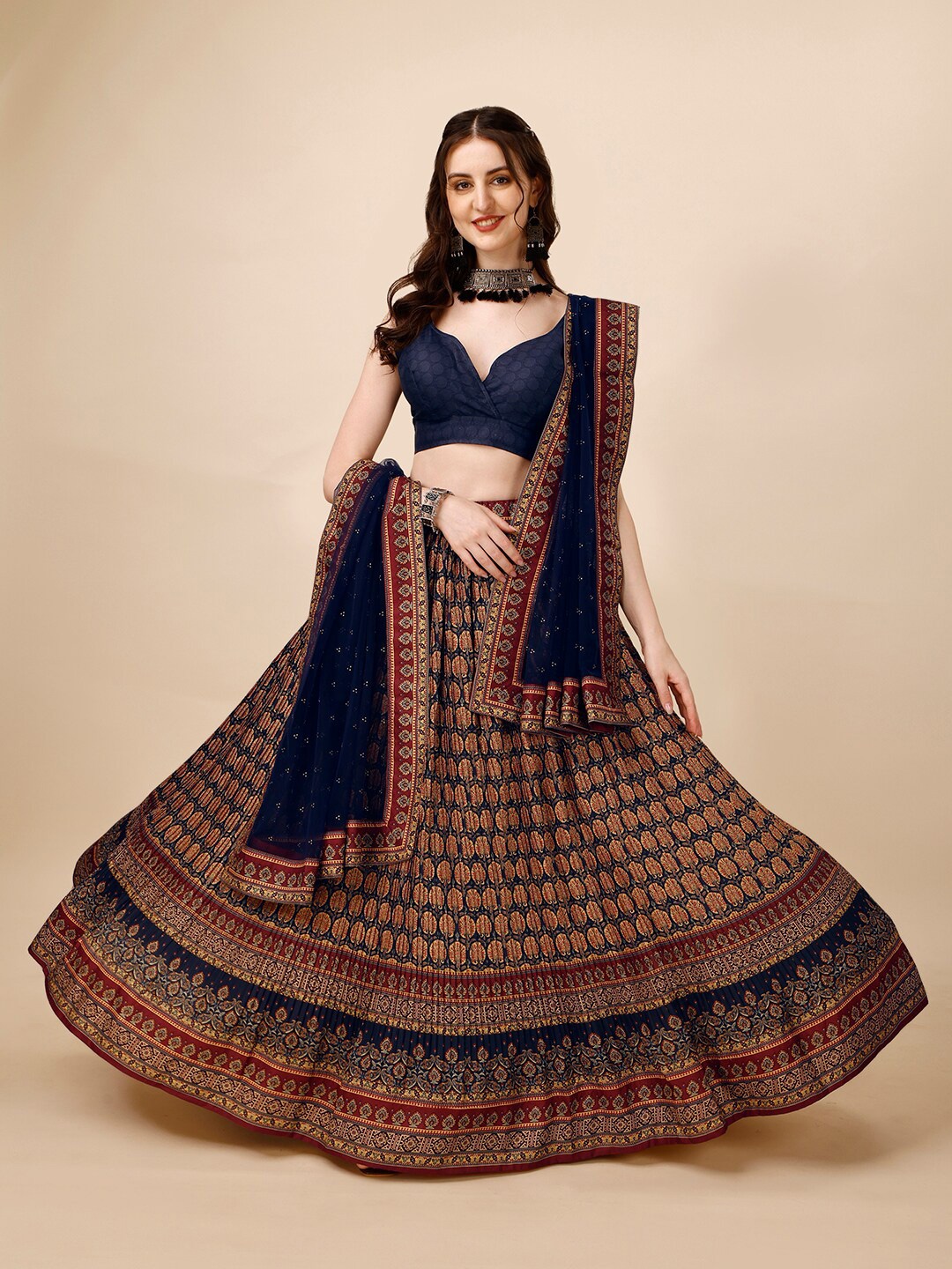 

SAPTRANGI Printed Ready to Wear Lehenga & Blouse With Dupatta, Blue