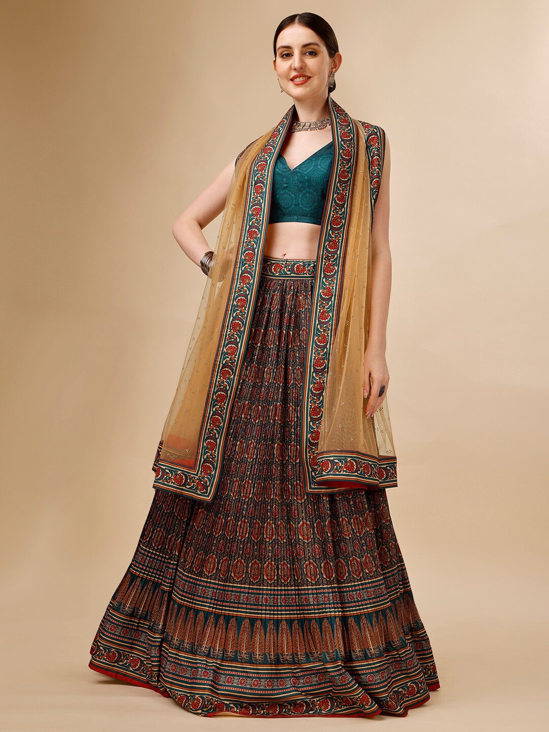 

SAPTRANGI Printed Sequinned Ready to Wear Lehenga & Blouse With Dupatta, Teal