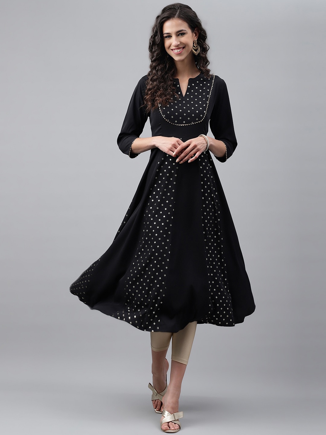 

Janasya Black & White Ethnic Motifs Printed Gotta Patti Panelled Anarkali Kurta